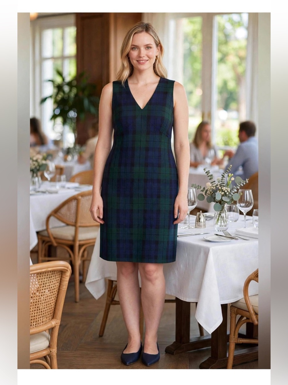 J. Crew Sleeveless V-Neck Plaid Mini Dress in Navy & Green Tartan